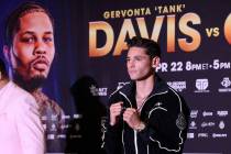 Ryan Garcia, right, poses for the crowd during his grand arrival at MGM Grand Tuesday, April 18 ...