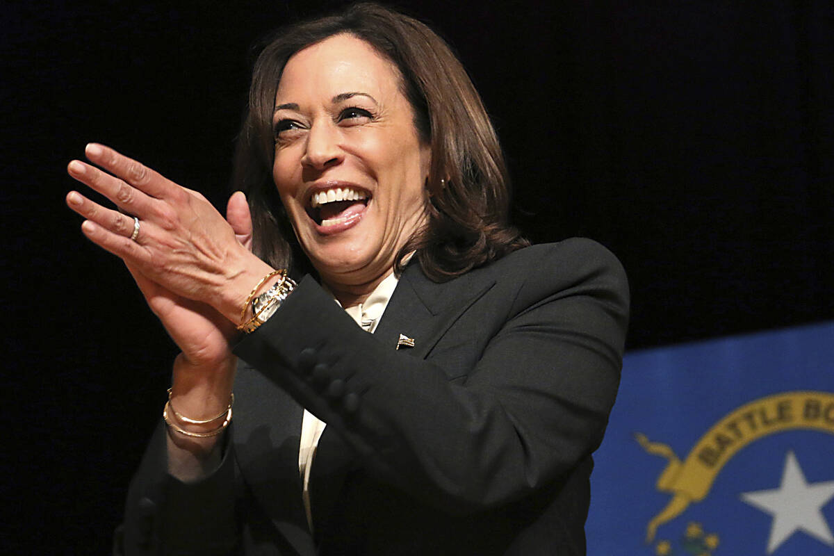 Vice President Kamala Harris greets the audience gathered to hear her speak about abortion and ...