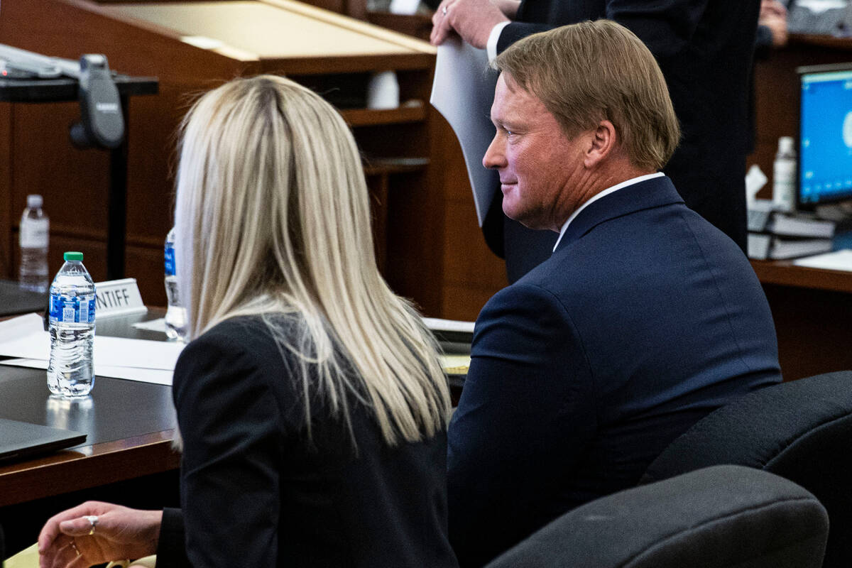 Former Raiders coach Jon Gruden appears in court at the Regional Justice Center in May 2022 in ...