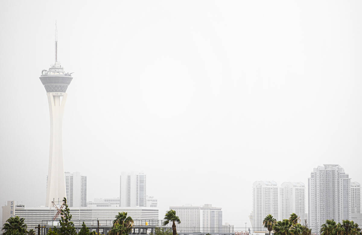 The Strip is hammered with high winds and dust in 2021 in Las Vegas. (Benjamin Hager/Las Vegas ...
