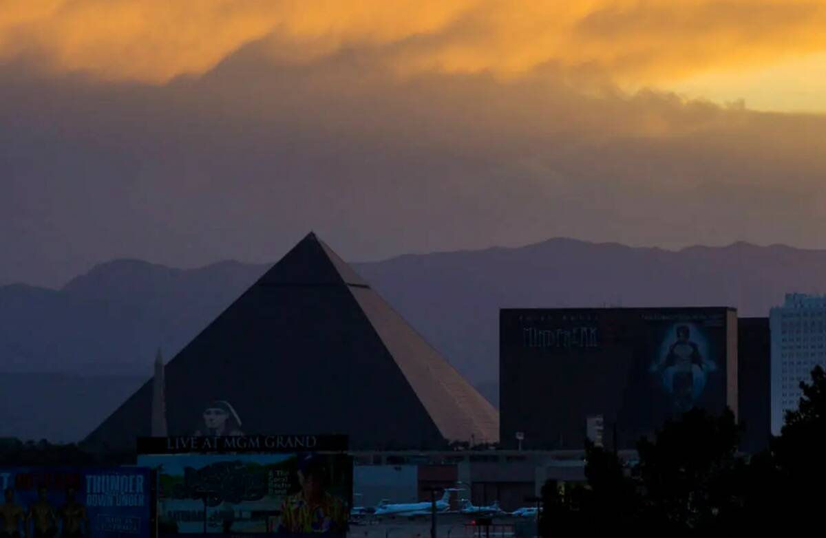 The Luxor is seen after high winds kicked up dust in Las Vegas in 2017. (Chase Stevens/Las Vega ...