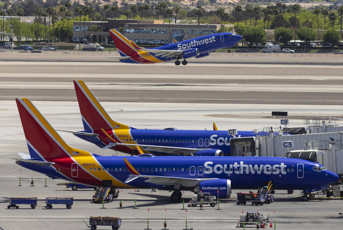A Southwest Airlines jet takes off from Harry Reid International Airport, on Friday, April 21, ...
