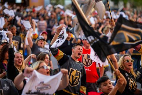 Golden Knights fan Dylan Phillips waves his "battle towel" while celebrating a goal w ...