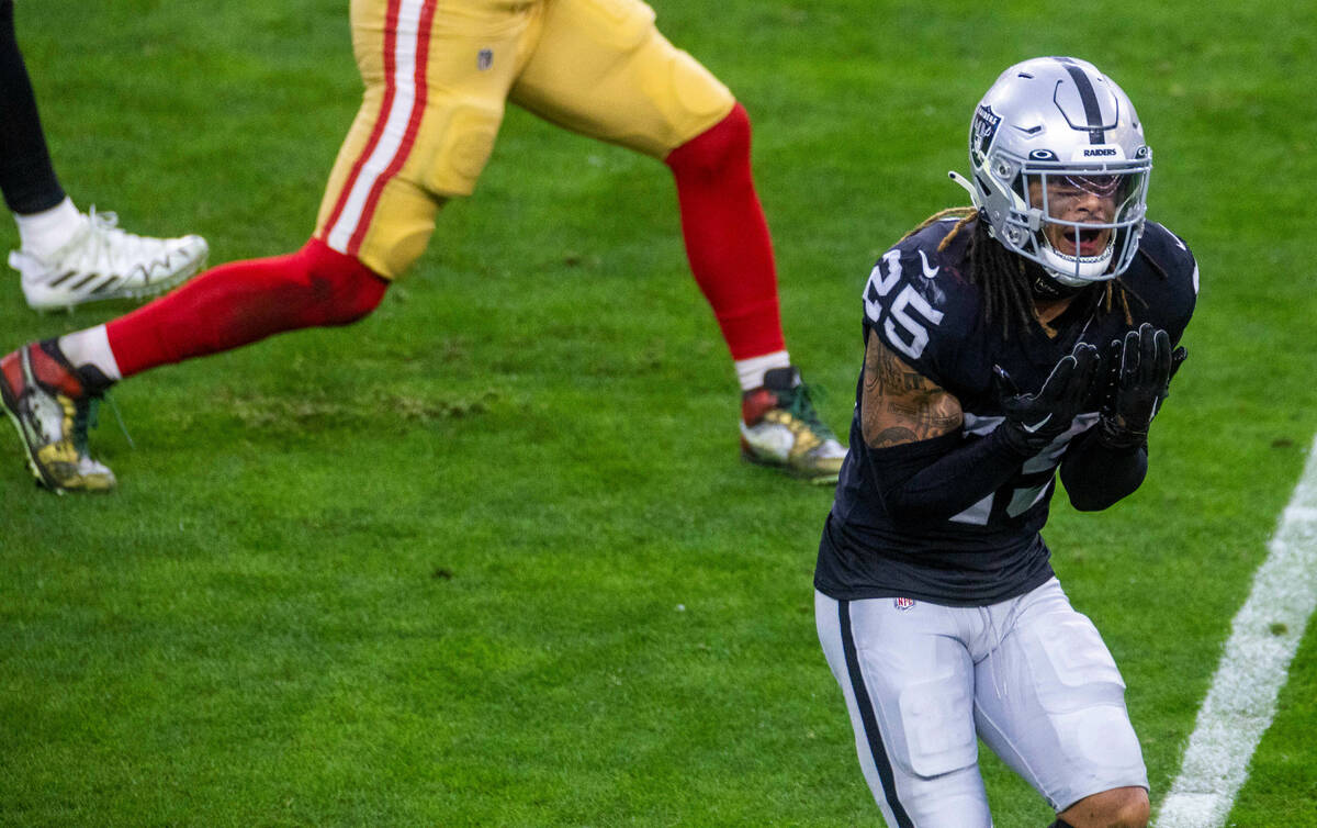 Raiders safety Tre'von Moehrig (25) is in disbelief after an interference call versus the San F ...