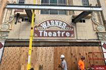 The Warner Theater exterior is shown in Atlantic City on Tuesday, April 18, 2023. (John Katsilo ...