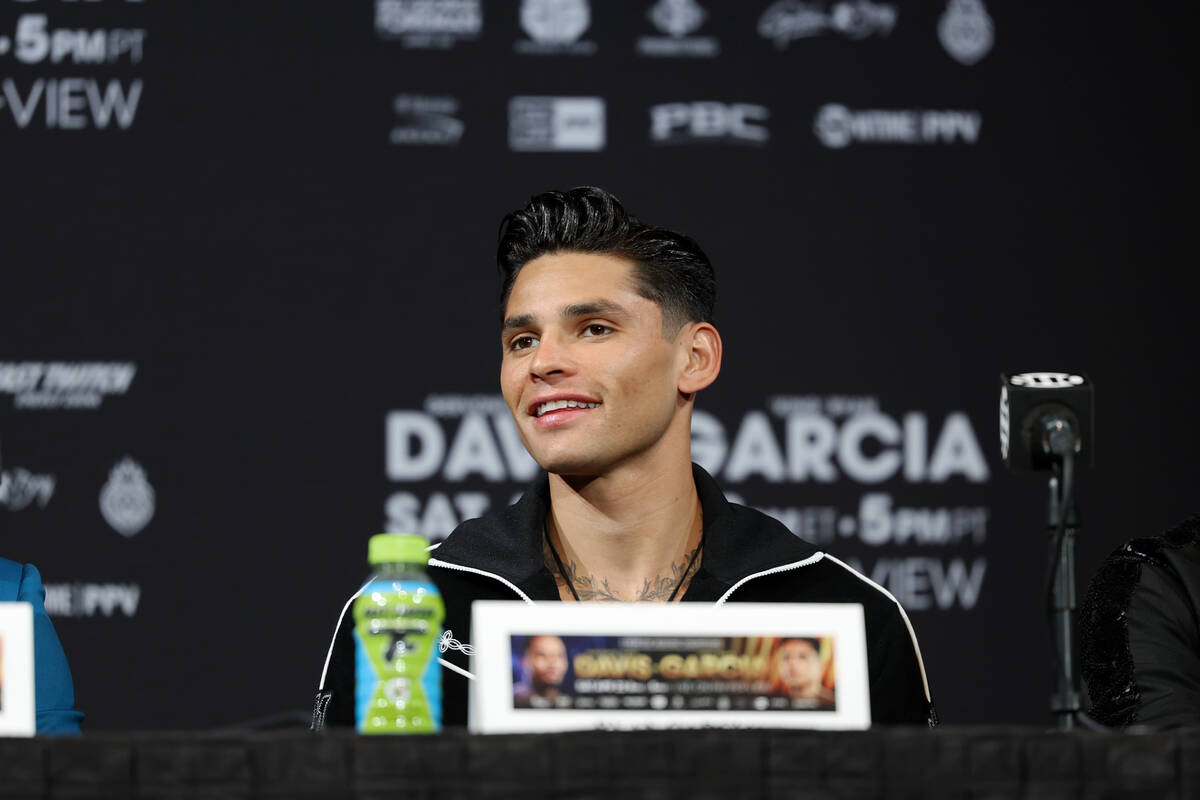 Ryan Garcia speaks during the final promotional press conference before his fight against Gervo ...