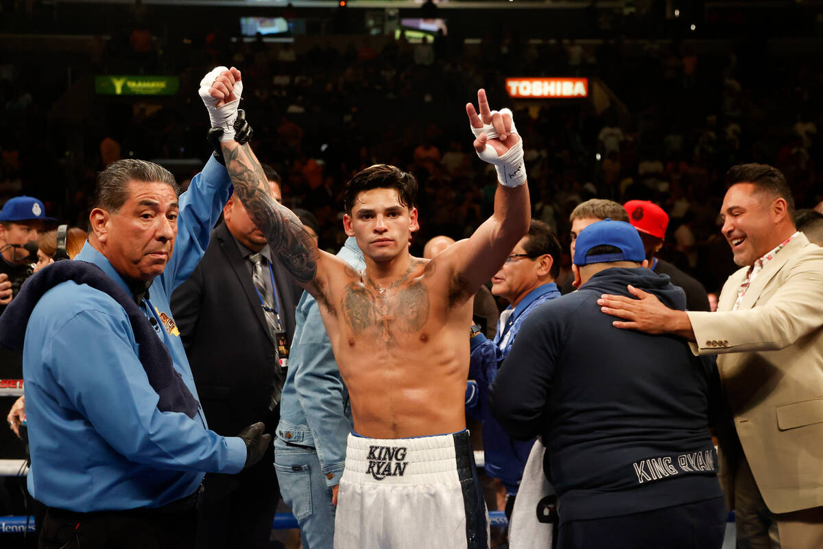 Ryan Garcia celebrates after defeating Javier Fortuna during the sixth round of a lightweight b ...
