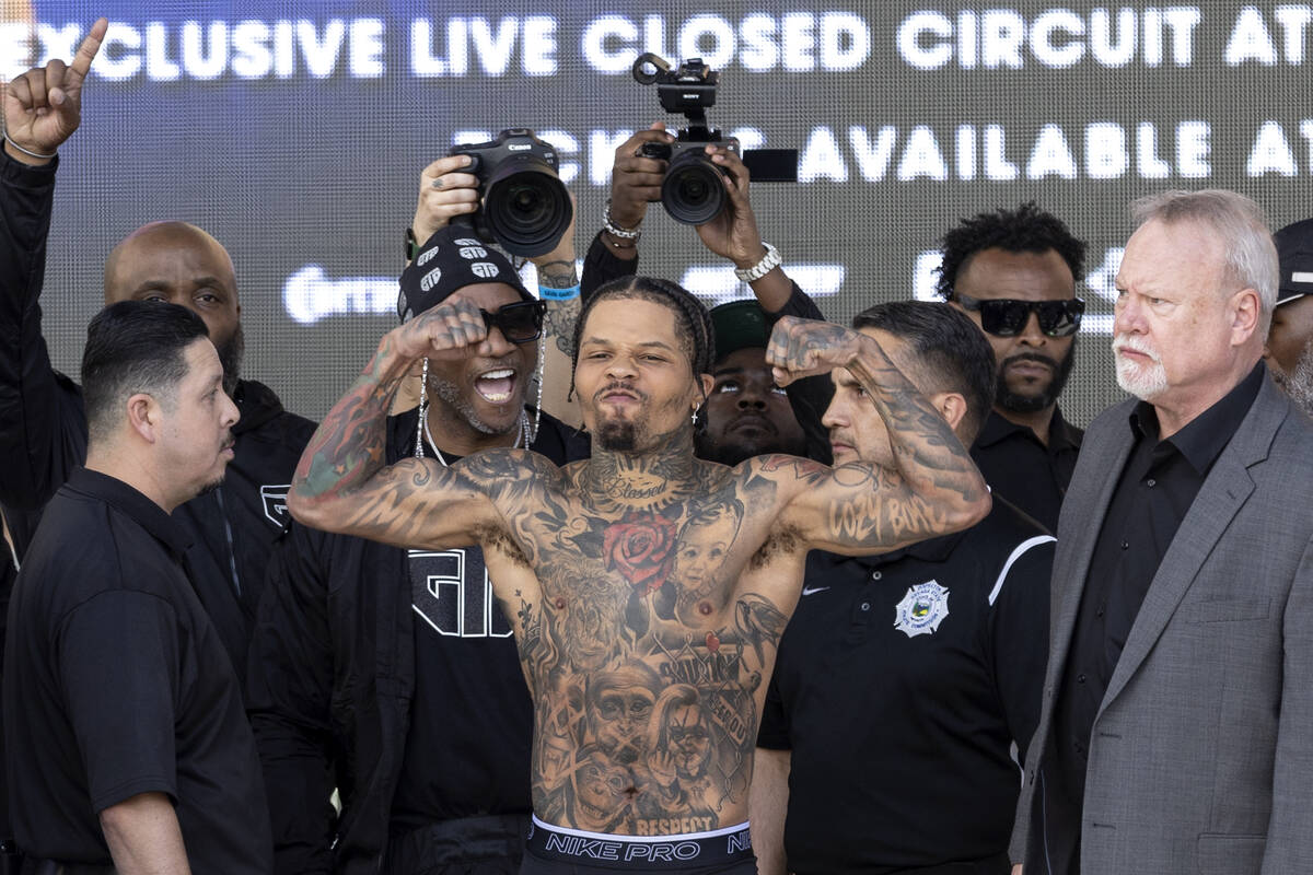 Gervonta Davis flexes during a weigh-in at Toshiba Plaza on Friday, April 21, 2023, in Las Vega ...