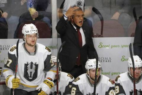 Henderson Silver Knights head coach Manny Viveiros gestures during the first period of a hockey ...