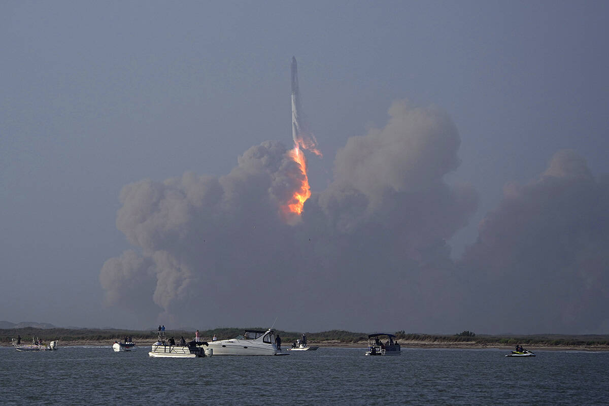 SpaceX's Starship launches from Starbase in Boca Chica, Texas, Thursday, April 20, 2023. (AP Ph ...