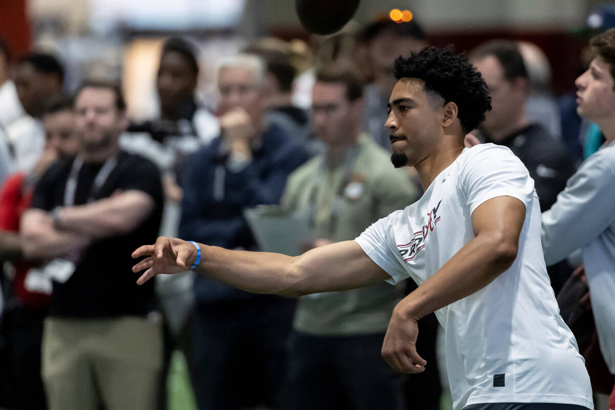 Former Alabama football quarterback Bryce Young works in position drills at Alabama's NFL pro d ...