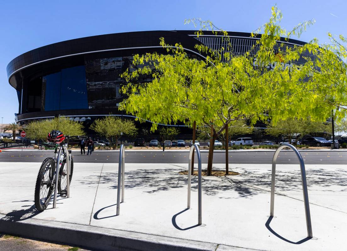 Bike racks are seen outside of Allegiant Stadium after the unveiling ceremony for new bike rack ...