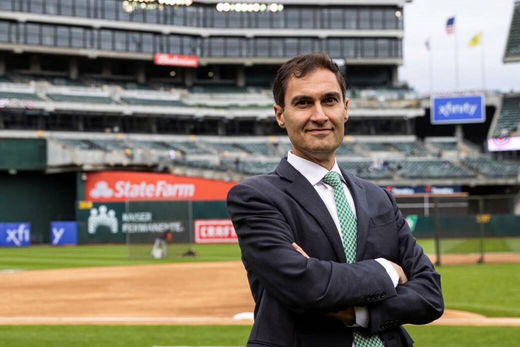 Oakland Athletics President Dave Kaval, seen in 2022 at the Coliseum in Oakland, Calif. (Chase ...