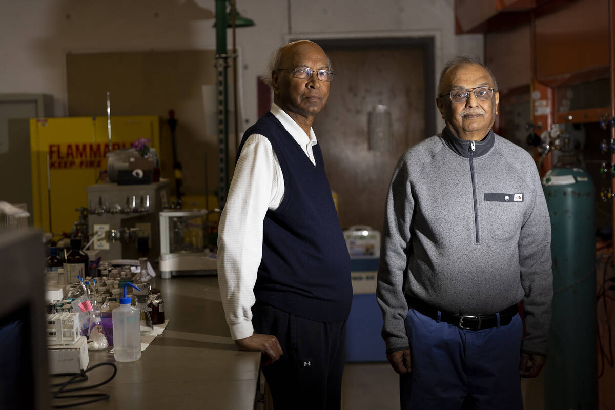 Chemistry Professor Pradip Bhowmik, left, and co-founder of Quantum Copper, Rahul Harkawat, pos ...