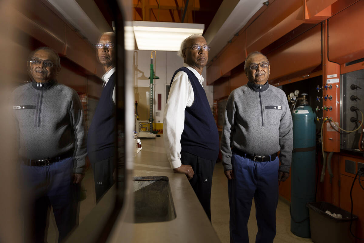 Chemistry Professor Pradip Bhowmik, left, and co-founder of Quantum Copper, Rahul Harkawat, pos ...