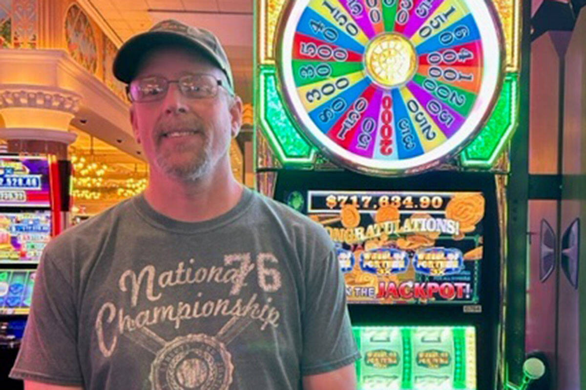 Brian hit a $717,634.90 jackpot Wednesday, April 19, 2023, on a Wheel of Fortune machine at Sou ...