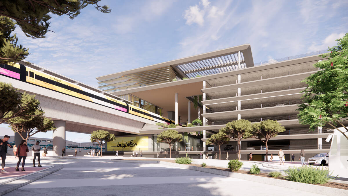 An artist rendering shows what Brightline West's planned Las Vegas high-speed train station wil ...