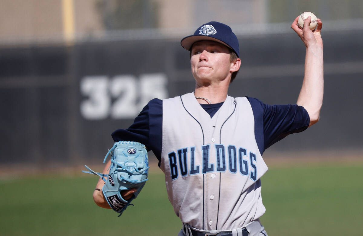 Centennial's Kane Barber (2) delivers during the second inning of a baseball game against Basic ...