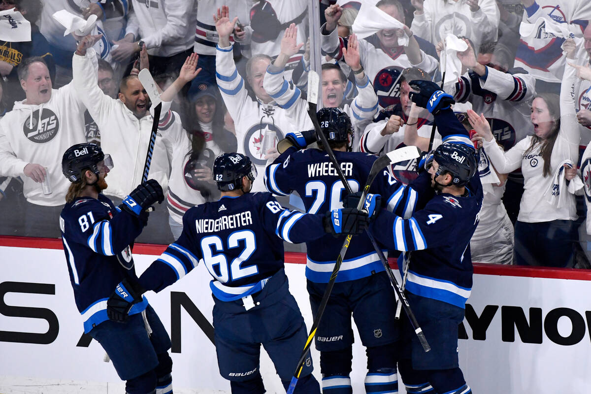 Winnipeg Jets' Blake Wheeler (26) celebrates after his goal against the Vegas Golden Knights wi ...