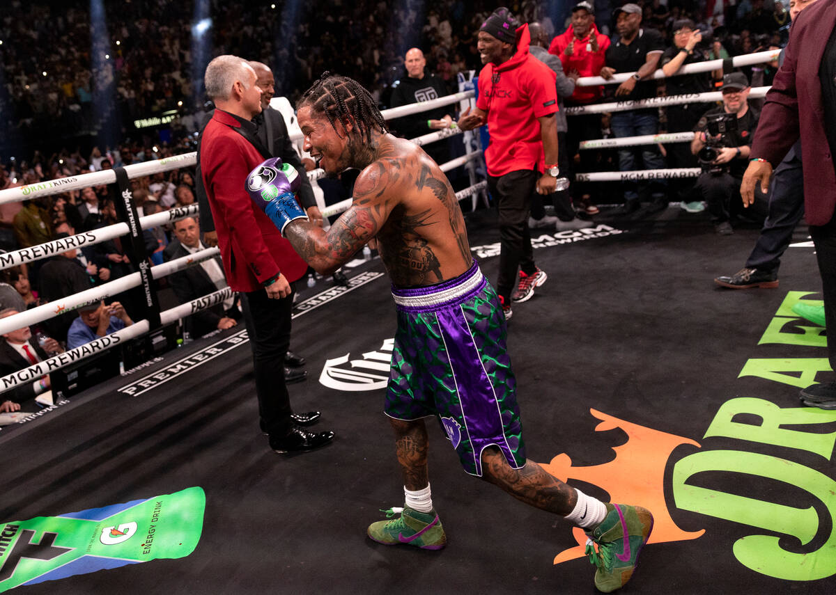 Gervonta Davis celebrates after winning his catchweight boxing bout against Ryan Garcia at T-Mo ...