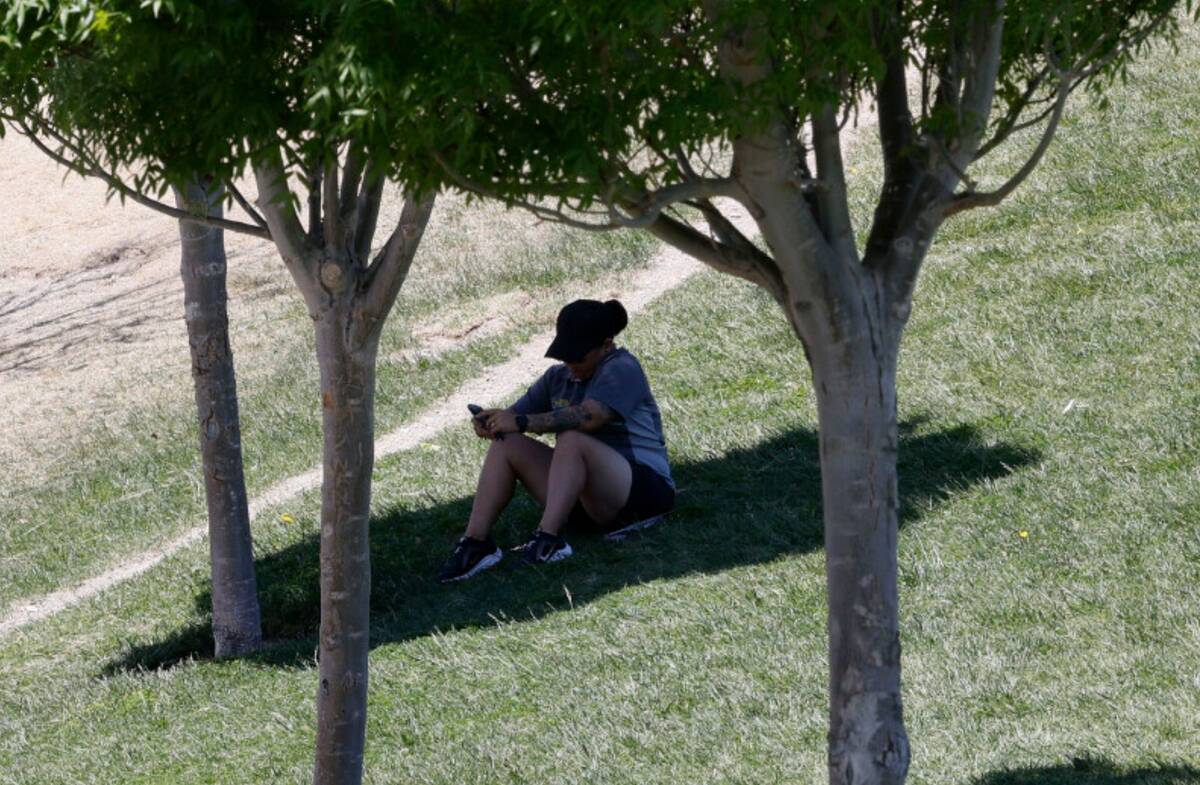 Cassandra Palacios of North Las Vegas sits under the shade of a tree in Fox Hill Park in Summer ...