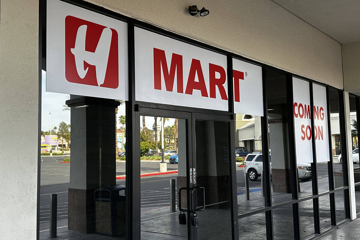 Exterior signs showing an H-Mart is set to open in Las Vegas near the intersection of Sahara Av ...