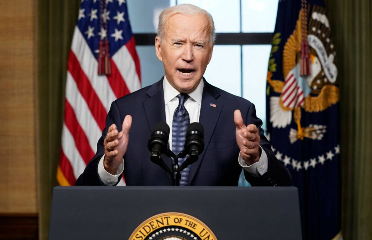 President Joe Biden speaks in the White House in April 14, 2021, about the withdrawal of the re ...