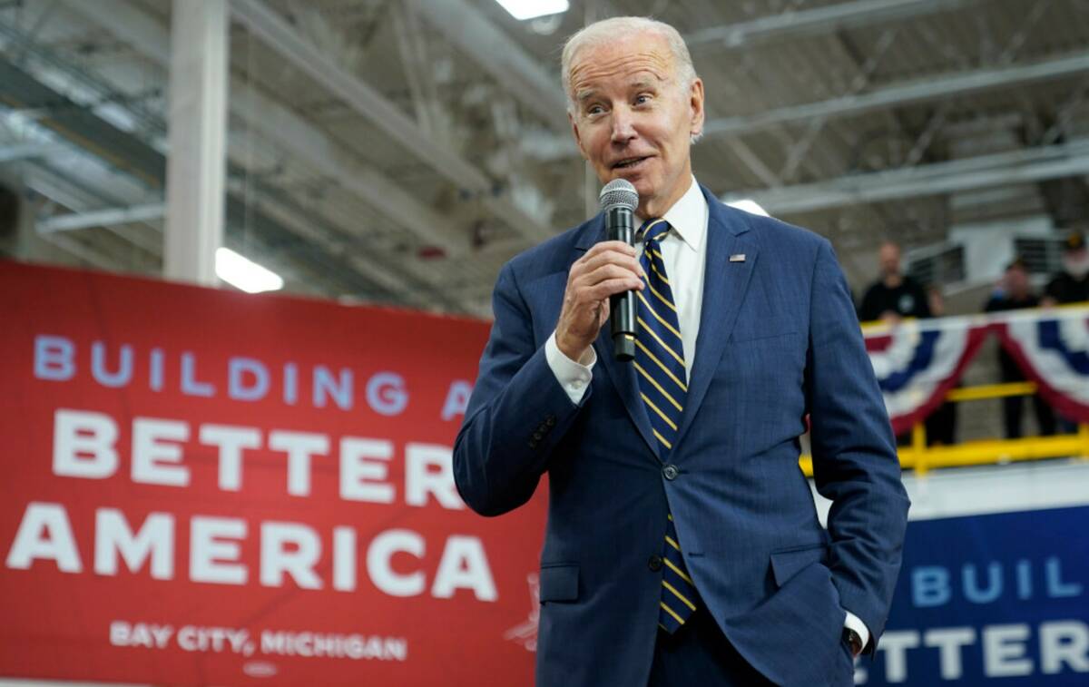 President Joe Biden speaks about manufacturing jobs and the economy at SK Siltron CSS, a comput ...