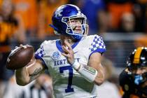 FILE - Kentucky quarterback Will Levis (7) throws to a receiver during the first half of an NCA ...