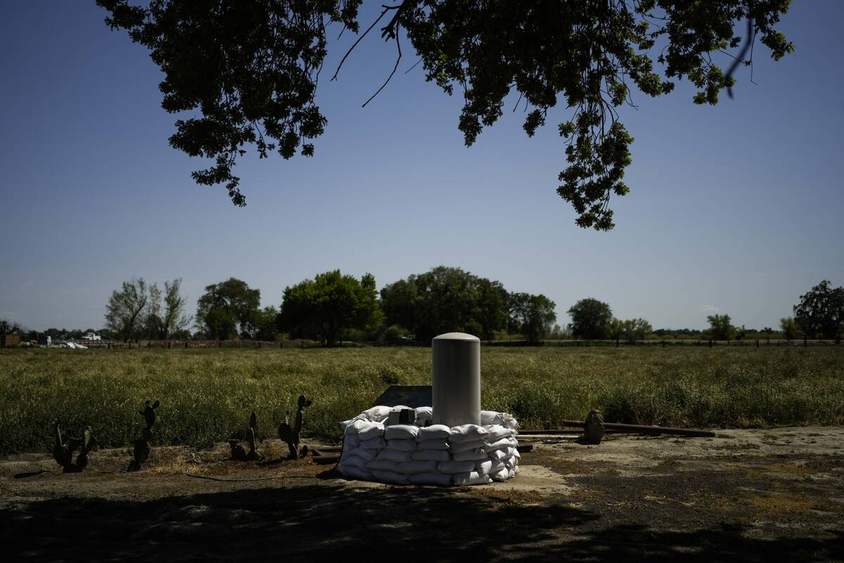 Sandbags are stacked around a well in anticipation of flooding of the Kings River in the Island ...