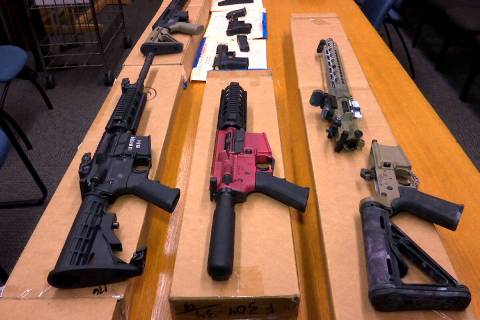FILE - This Nov. 27, 2019, file photo shows "ghost guns" on display at the headquarters of the ...