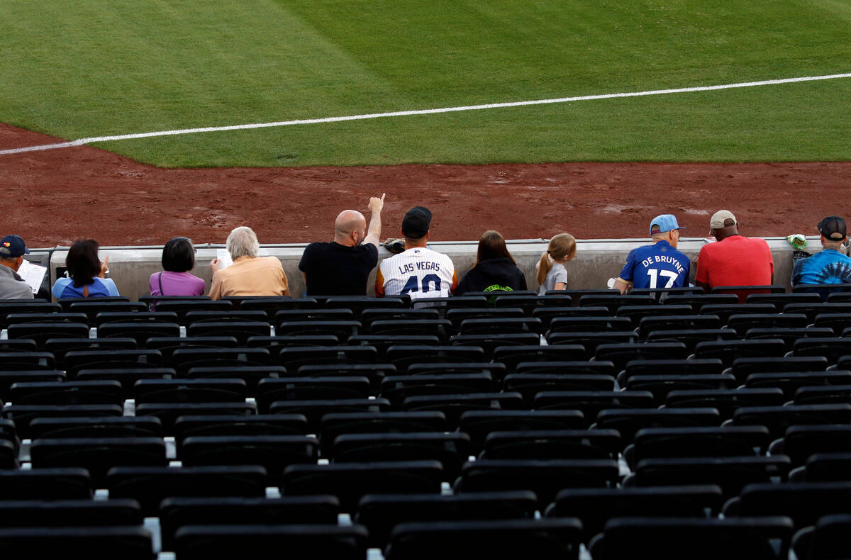 Baseball fans sit along the third baseline prior to the start of an Aviators game against the T ...