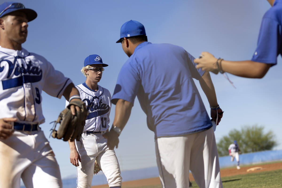 Sierra Vista heads for the dugout including pitcher Brendon Doughty (17) during a Class 4A high ...