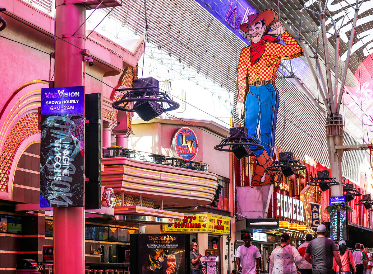 The Vegas Vic sign inside the Fremont Street Experience in Downtown Las Vegas, Wednesday, April ...