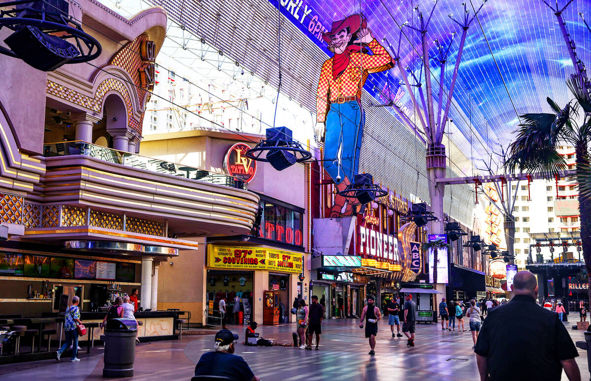 The Vegas Vic sign inside the Fremont Street Experience in Downtown Las Vegas, Wednesday, April ...