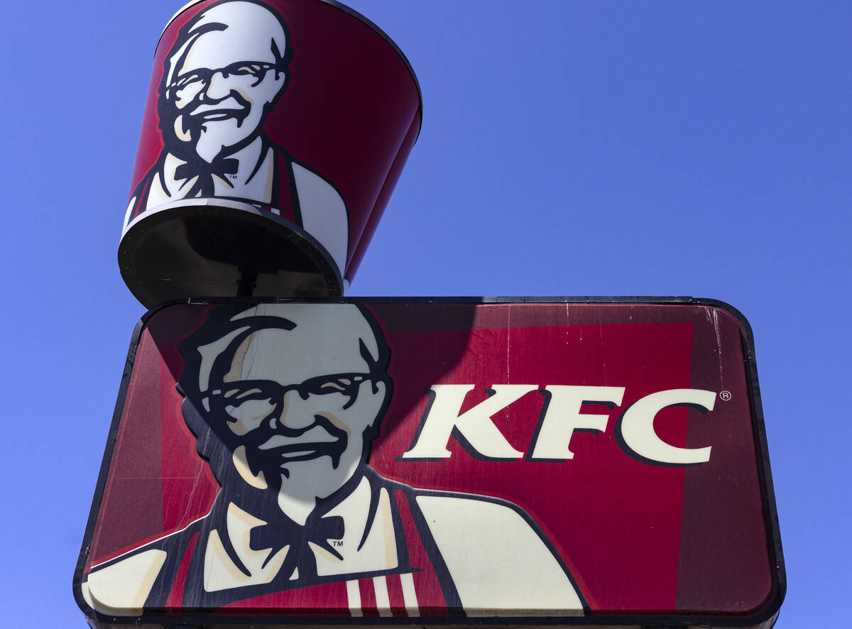 A KFC fast-food restaurant sign on Sahara Avenue is shown, on Wednesday, April 26, 2023, in La ...