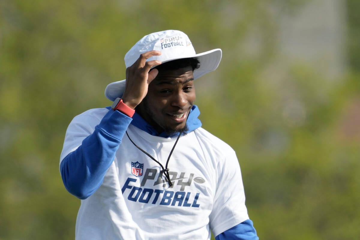 NFL draft prospect Devon Witherspoon takes part in a Play Football clinic ahead of the NFL draf ...