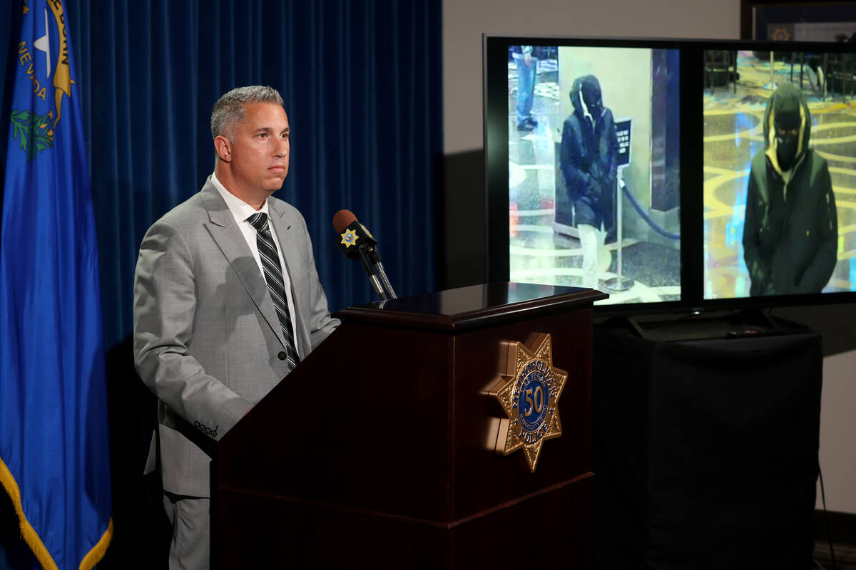 Deputy Chief Nicholas Farese shows surveillance images of a casino robbery suspect during a new ...