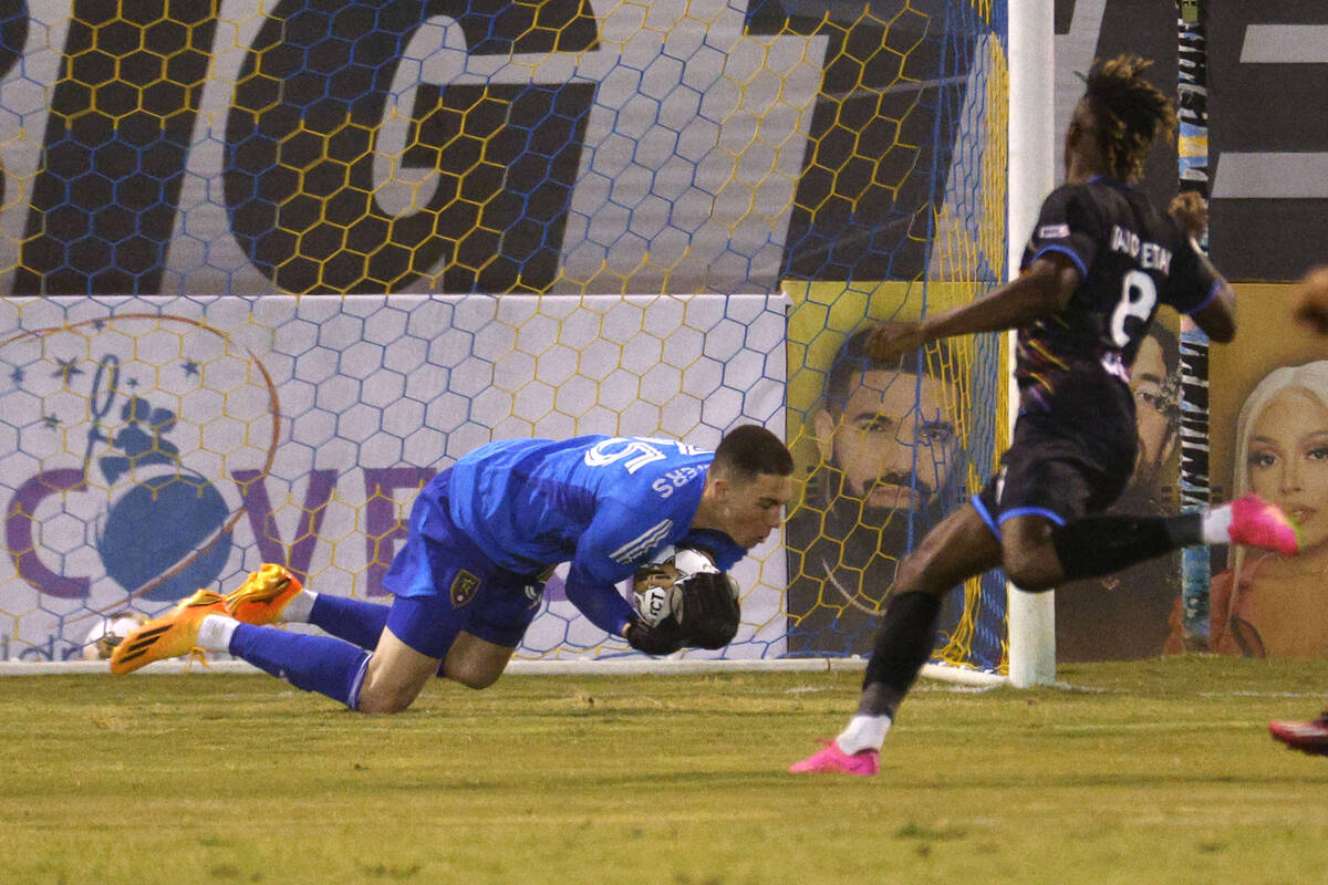 Real Salt Lake goalkeeper Gavin Beavers (35) makes a save against Las Vegas Lights FC forward P ...