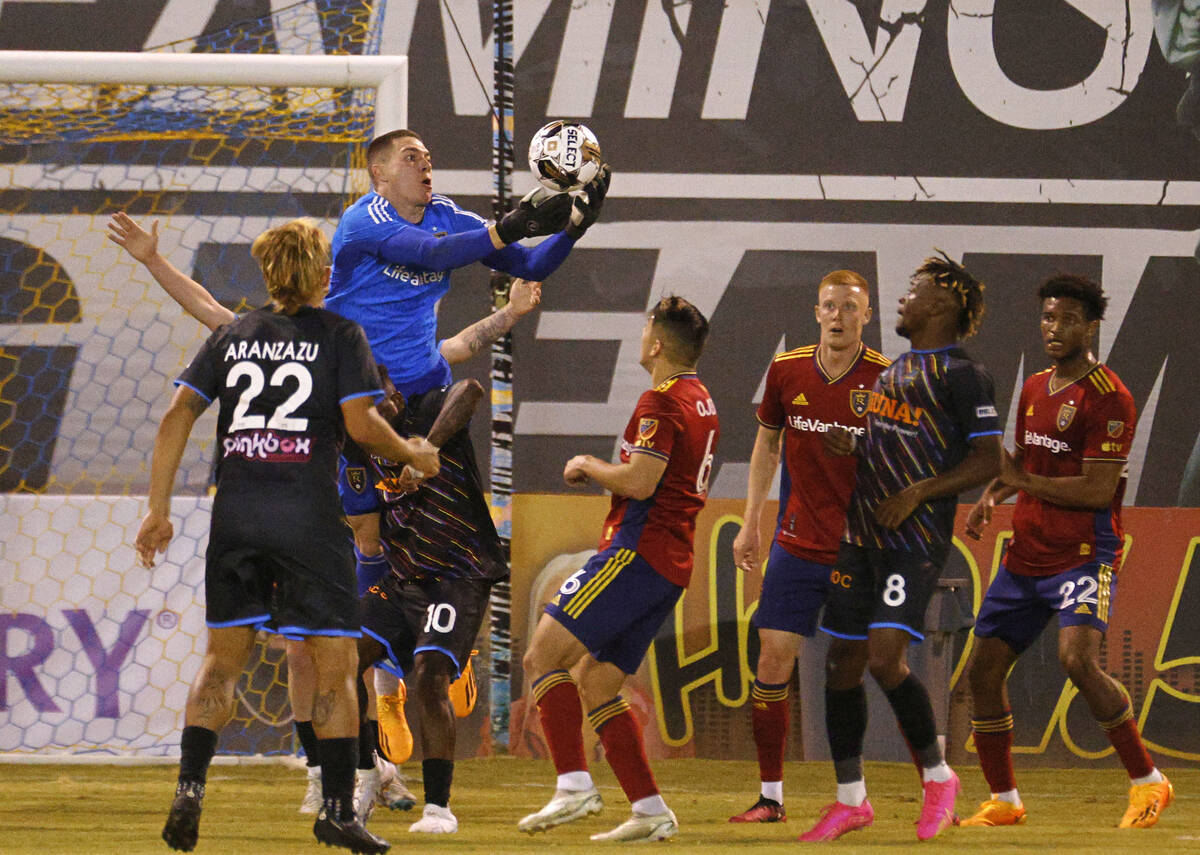 Real Salt Lake goalkeeper Gavin Beavers (35) makes a save against Las Vegas Lights FC during t ...