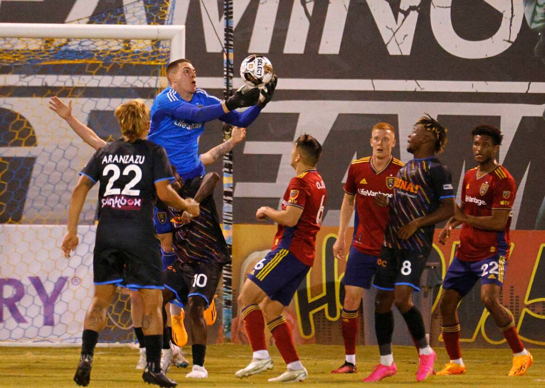 Real Salt Lake goalkeeper Gavin Beavers (35) makes a save against Las Vegas Lights FC during t ...