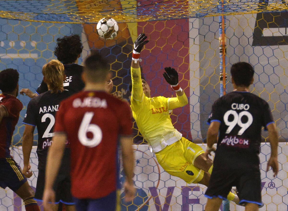 Las Vegas Lights FC goalkeeper Leo Diaz (1) makes a save against Real Salt Lake during the seco ...