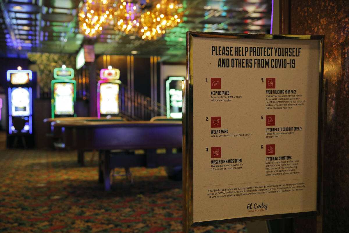 A sign to remind people of coronavirus safety measures is on display at the El Cortez hotel and ...