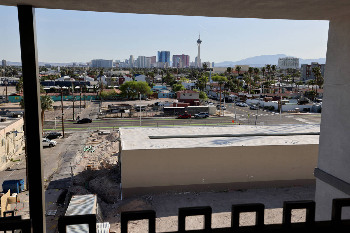The southern view from the 4th level amenity deck at shareDowntown East Fremont in Las Vegas We ...