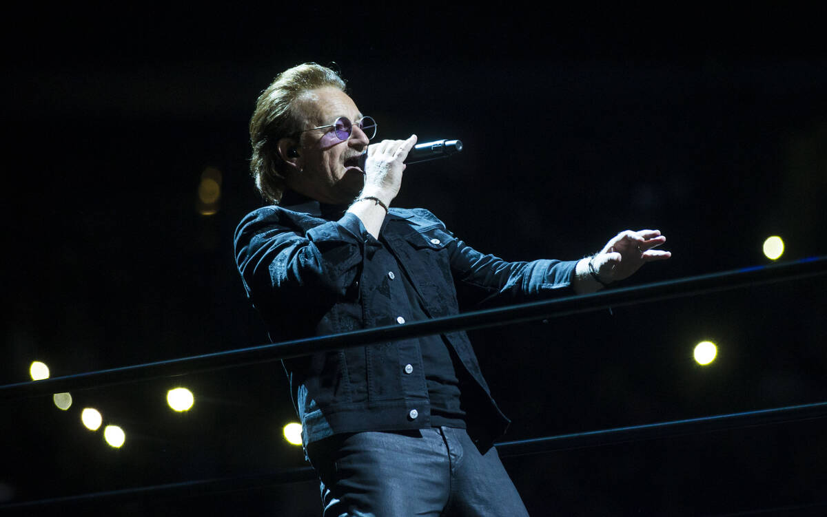 Bono of U2 performs at T-Mobile Arena in Las Vegas on Friday, May 11, 2018. Chase Stevens Las V ...
