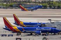 A Southwest Airlines jet takes off from Harry Reid International Airport, on Friday, April 21, ...