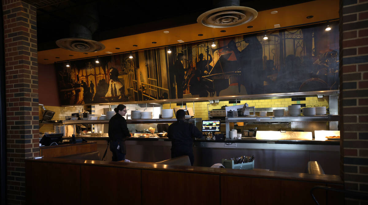 The kitchen area is seen at the Gordon Biersch brewery restaurant, Friday, April 28, 2023, in L ...