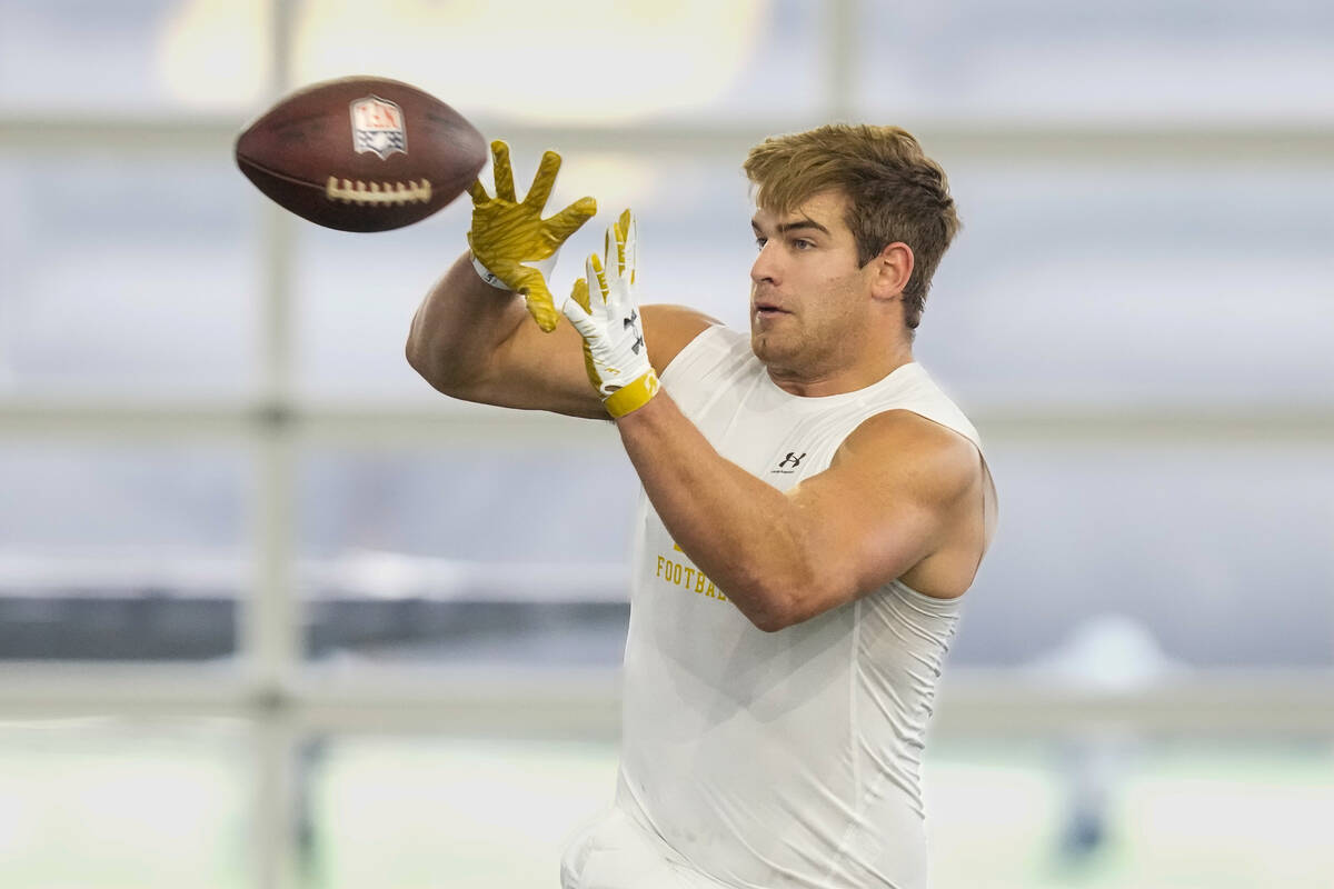 Tight end Michael Mayer runs a drill during Notre Dame's NFL football Pro Day in South Bend, In ...