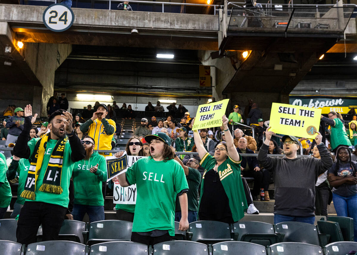The Oakland A's fans protest at the Oakland Coliseum during a baseball game between the A’s a ...