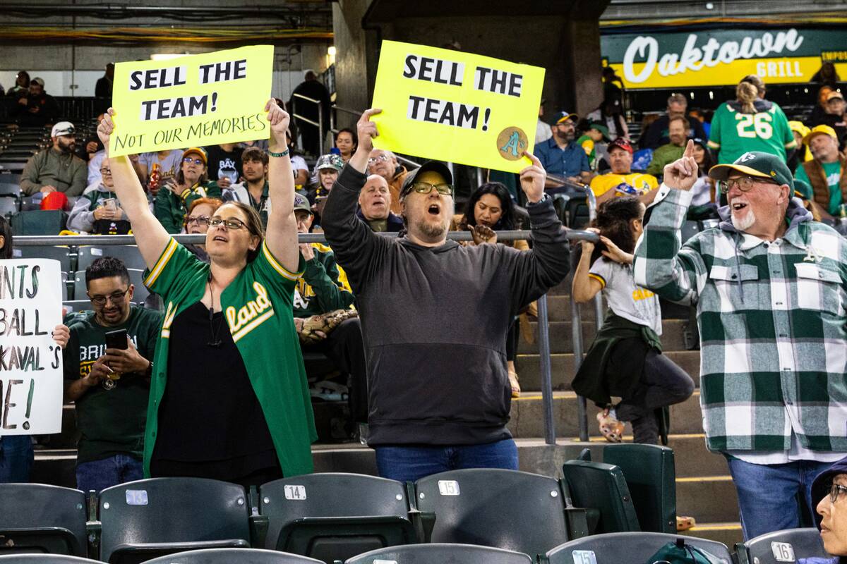 The Oakland A's fans protest at the Oakland Coliseum during a baseball game between the A’s a ...